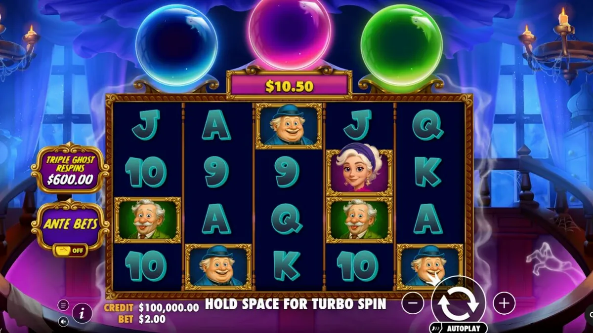 Tampilan visual slot Great Ghosts dengan tema rumah berhantu kartun
