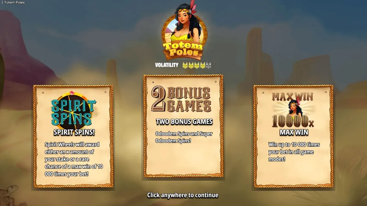 Tampilan visual slot Totem Poles dengan simbol totem dan latar belakang hutan.
