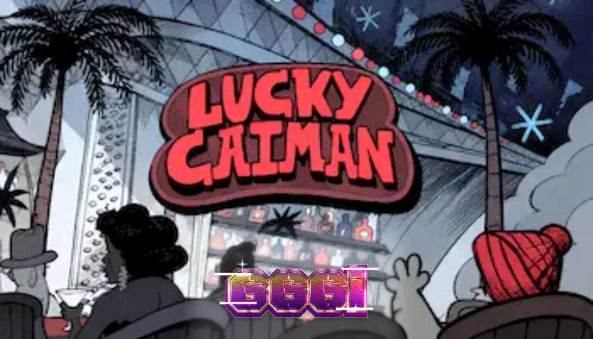 Seorang buaya berpakaian rapi di meja lounge retro dalam permainan slot Lucky Caiman
